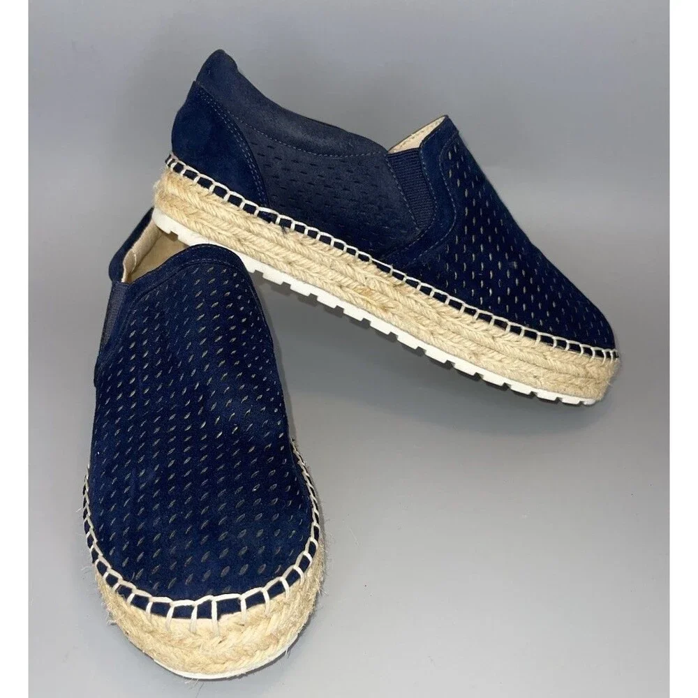 Marc Fisher Mania Espadrille Slip On Shoes Women 7.5 Navy Laser Cut Boho Comfort